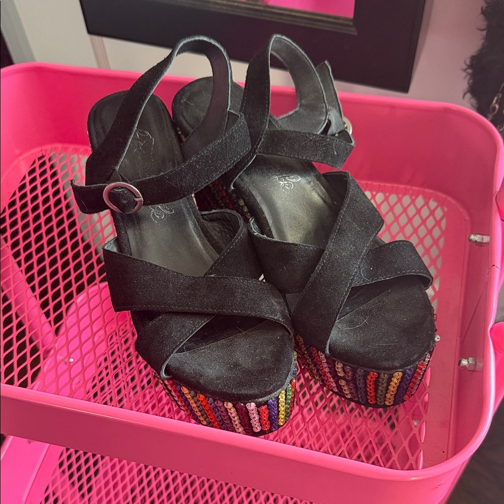 Free People Black Suede Platform Sandals with Rainbow Beaded Platforms